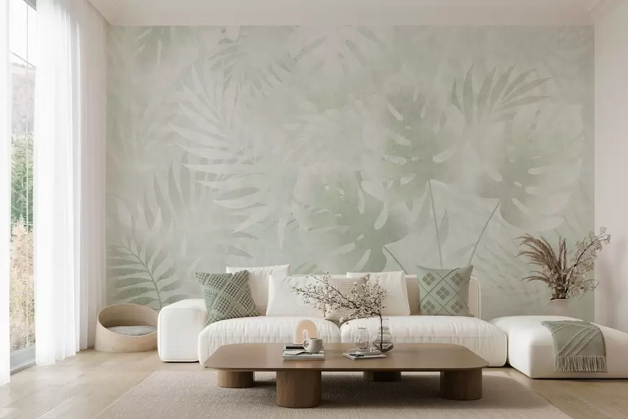 wall murals Тропско лишће са гранџ ефектом у нијансама зелене w10080v2