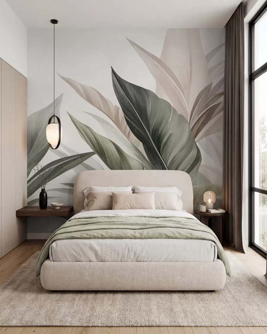 wall murals Тропско лишће у нијансама зелене и ружичасте, текстурирано и велико, модерна уметност w10055