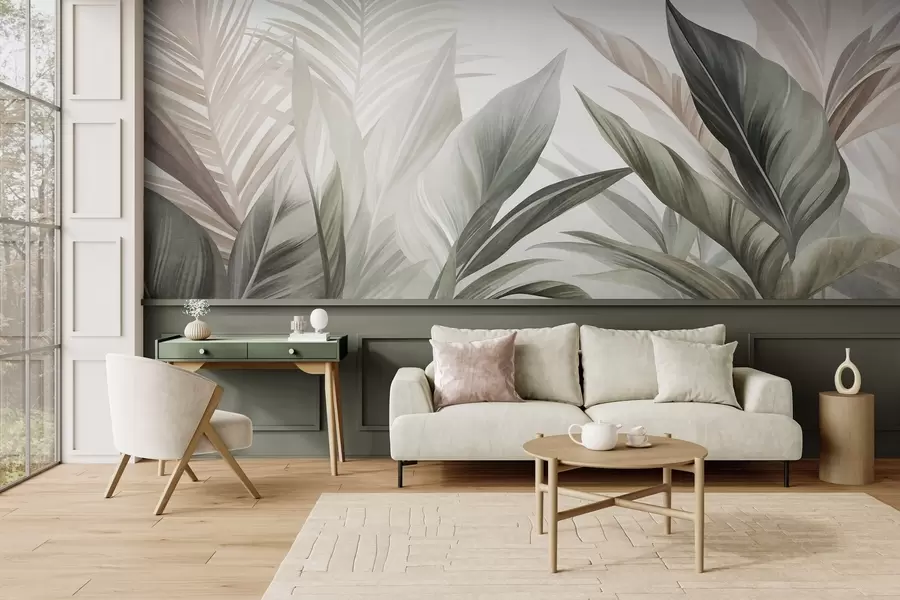 wall murals Тропско лишће у нијансама зелене и ружичасте, текстурирано и велико, модерна уметност w10055