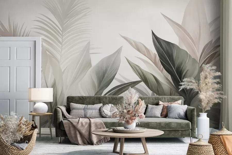 wall murals Тропско лишће у нијансама зелене и ружичасте, текстурирано и велико, модерна уметност w10055