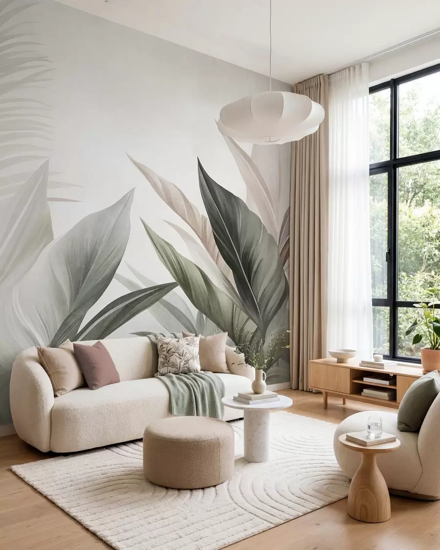 wall murals Тропско лишће у нијансама зелене и ружичасте, текстурирано и велико, модерна уметност w10055