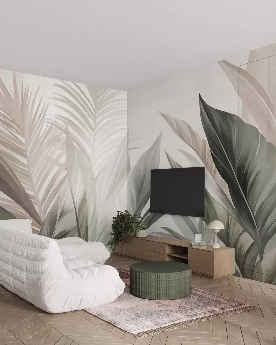 wall murals Тропско лишће у нијансама зелене и ружичасте, текстурирано и велико, модерна уметност w10055