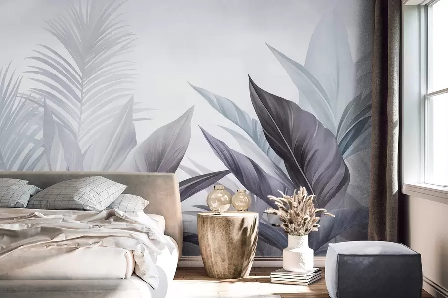 wall murals Тропско лишће у нијансама плаве и сиве, текстурирано и велико, модерна уметност w10055v1