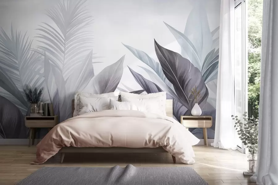 wall murals Тропско лишће у нијансама плаве и сиве, текстурирано и велико, модерна уметност w10055v1