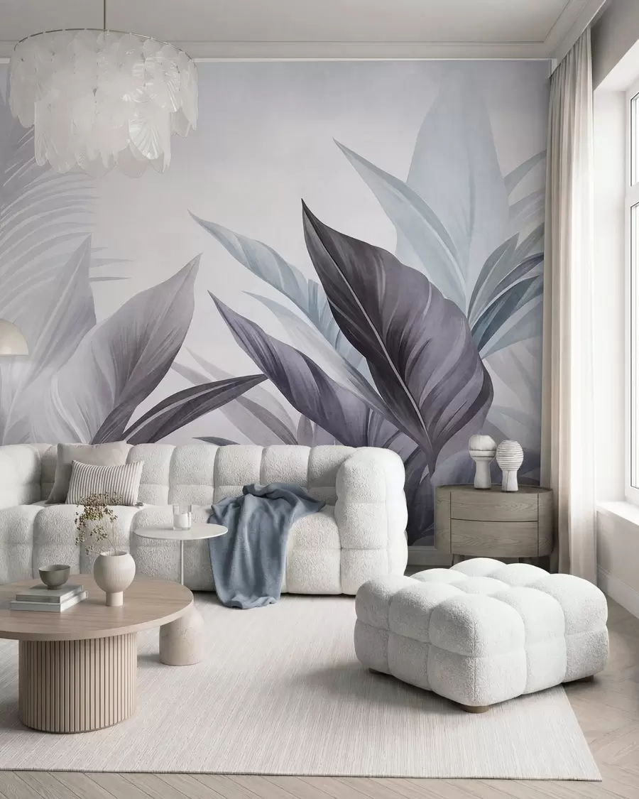 wall murals Тропско лишће у нијансама плаве и сиве, текстурирано и велико, модерна уметност w10055v1