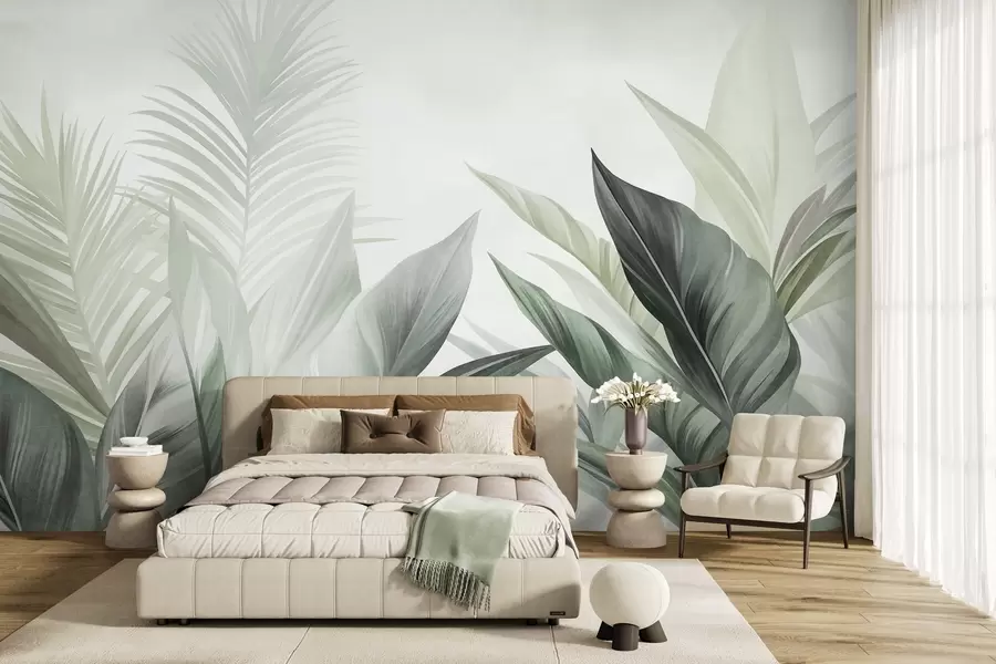 wall murals Тропско лишће у нијансама зелене, текстурирано и велико, модерна уметност w10055v2