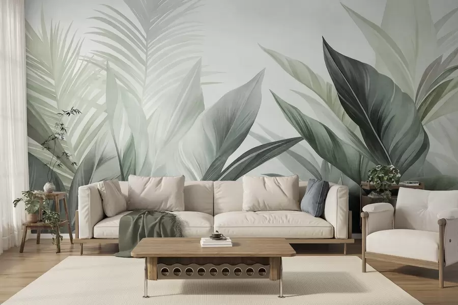 wall murals Тропско лишће у нијансама зелене, текстурирано и велико, модерна уметност w10055v2