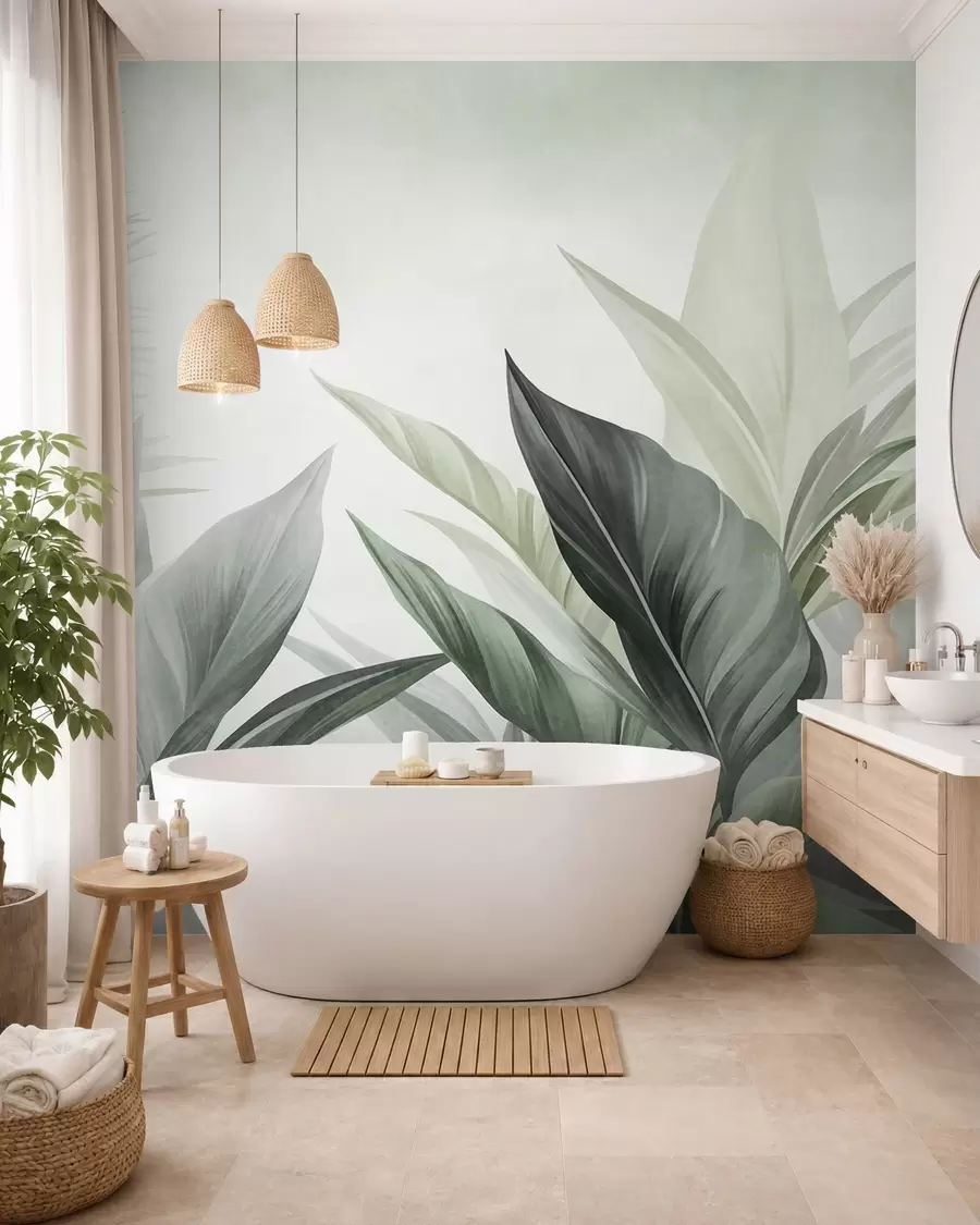 wall murals Тропско лишће у нијансама зелене, текстурирано и велико, модерна уметност w10055v2
