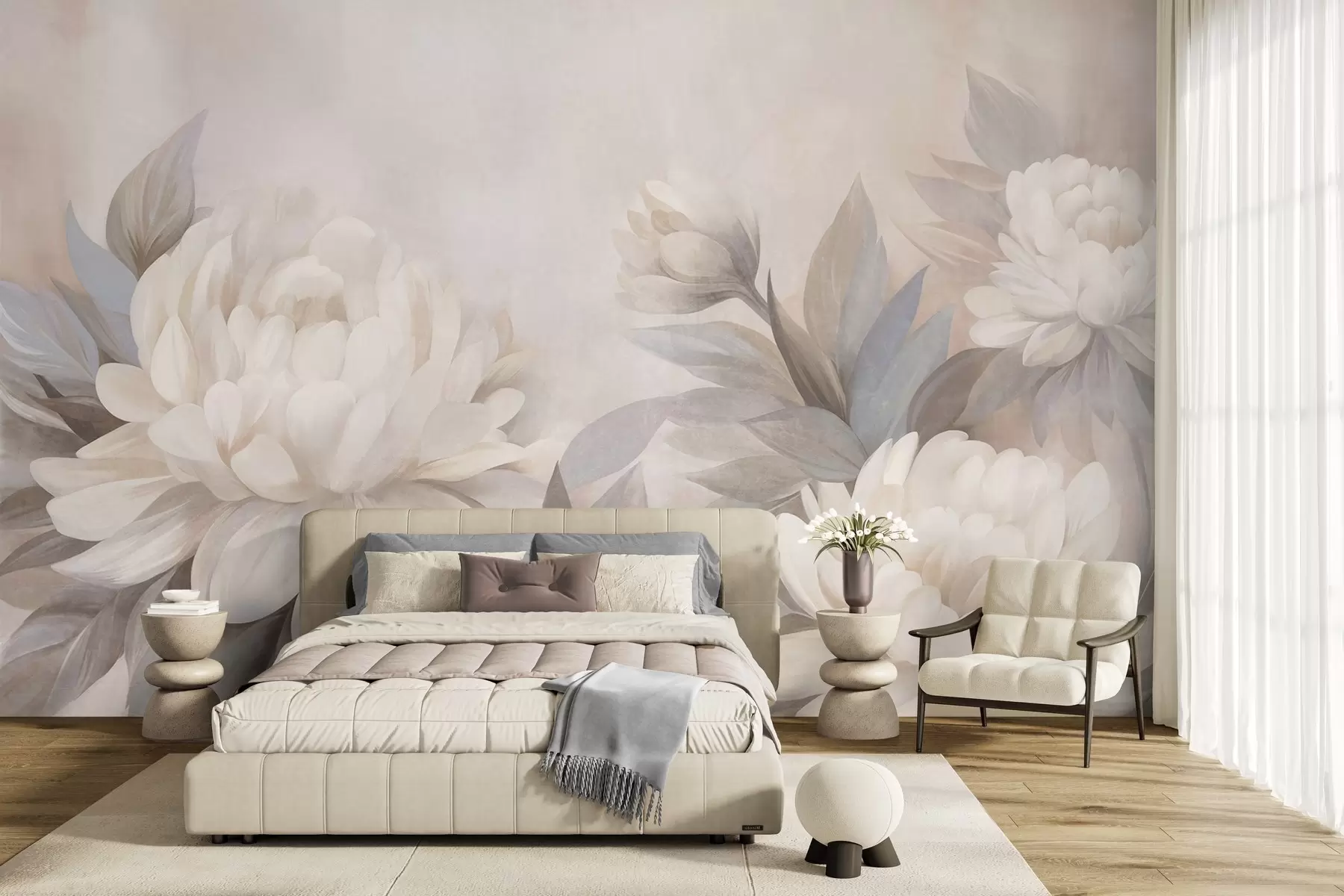 wall murals Текстурирани божури са пригушеним листовима, мека пастелна позадина w10061