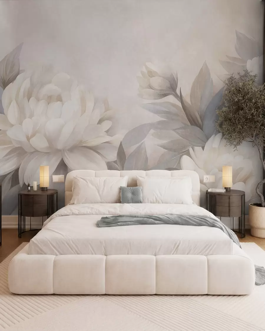 wall murals Текстурирани божури са пригушеним листовима, мека пастелна позадина w10061