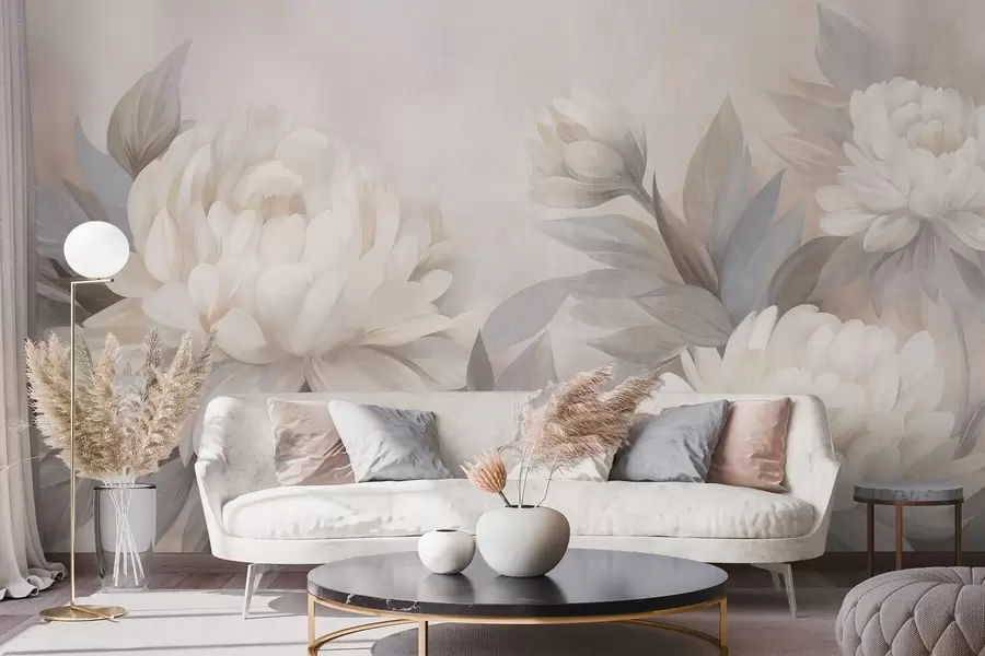 wall murals Текстурирани божури са пригушеним листовима, мека пастелна позадина w10061