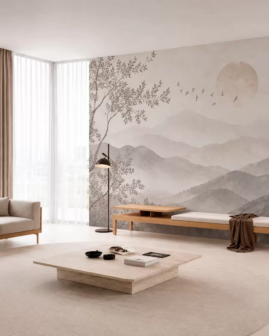 wall murals Магловите планине са дрветом, птицама и сунцем w05924v1