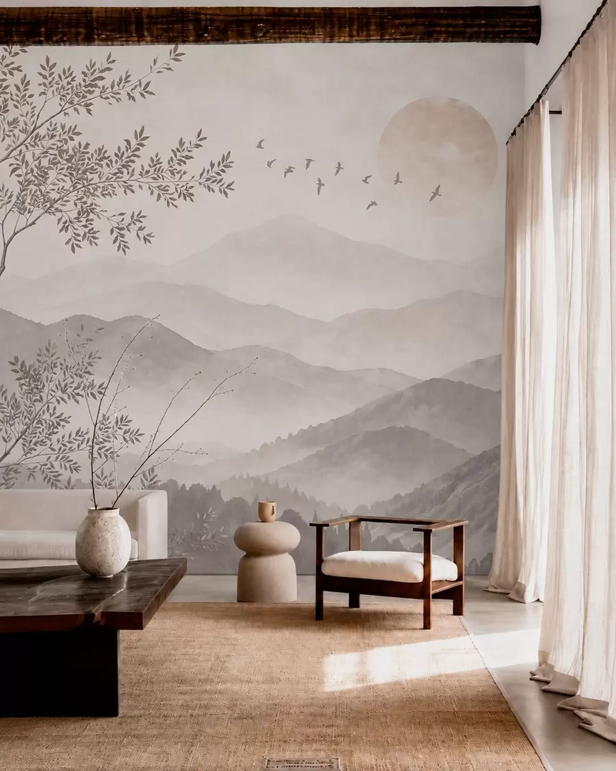 wall murals Магловите планине са дрветом, птицама и сунцем w05924v1