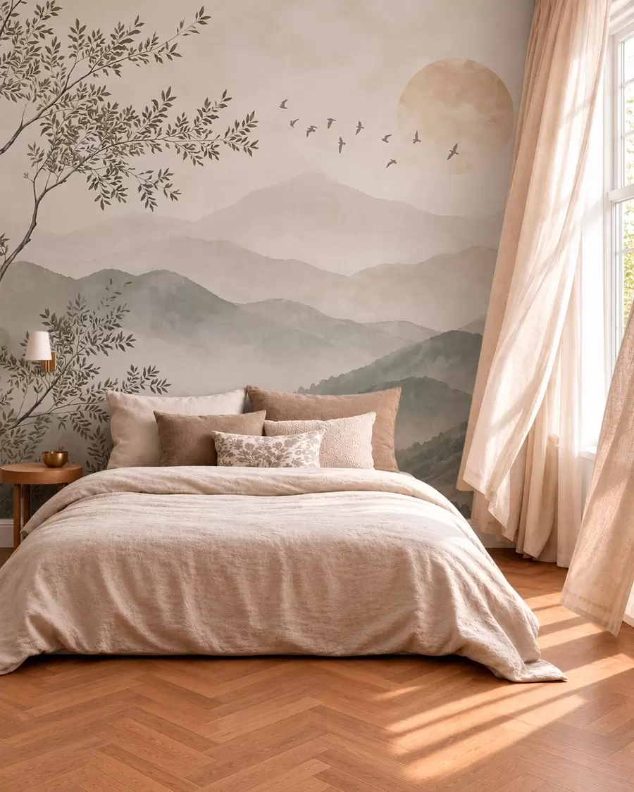 wall murals Планински пејзаж са дрветом, птицама и сунцем w05924