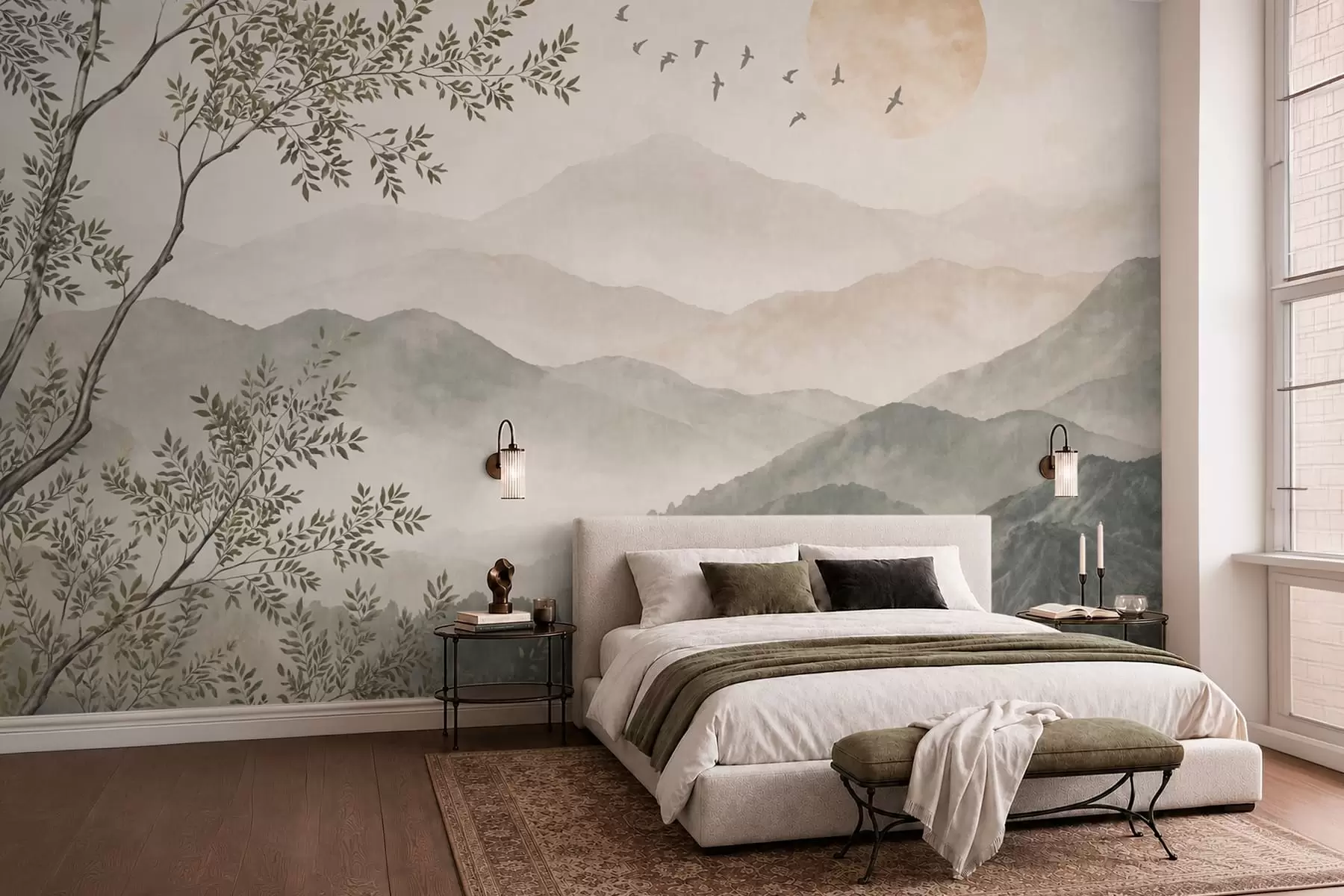 wall murals Планински пејзаж са дрветом, птицама и сунцем w05924