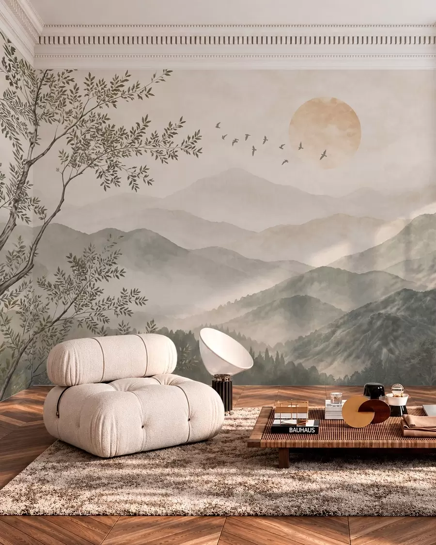 wall murals Планински пејзаж са дрветом, птицама и сунцем w05924
