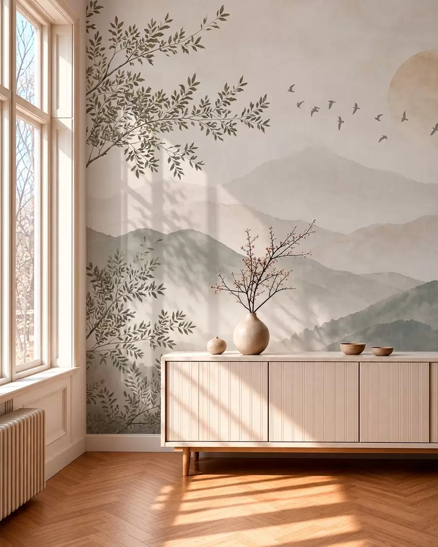 wall murals Планински пејзаж са дрветом, птицама и сунцем w05924