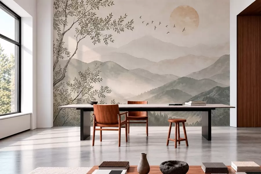 wall murals Планински пејзаж са дрветом, птицама и сунцем w05924