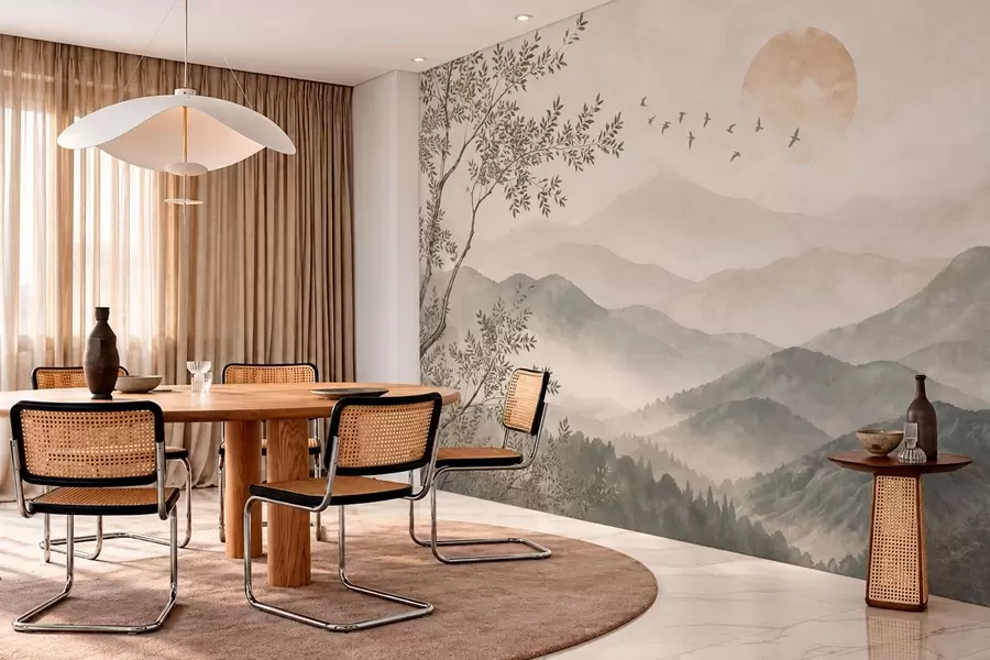 wall murals Планински пејзаж са дрветом, птицама и сунцем w05924
