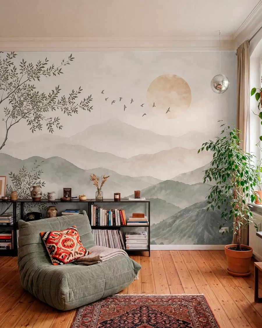 wall murals Планински пејзаж са дрветом, птицама и сунцем w05924