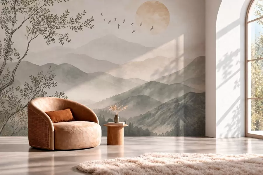 wall murals Планински пејзаж са дрветом, птицама и сунцем w05924