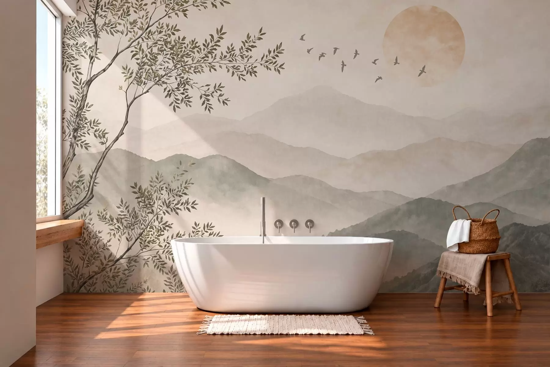 wall murals Планински пејзаж са дрветом, птицама и сунцем w05924