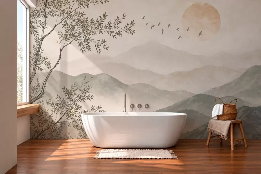 wall murals Планински пејзаж са дрветом, птицама и сунцем w05924