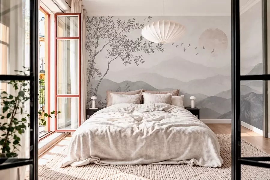 wall murals Бледи планински пејзаж са дрветом и птицама w05924v2