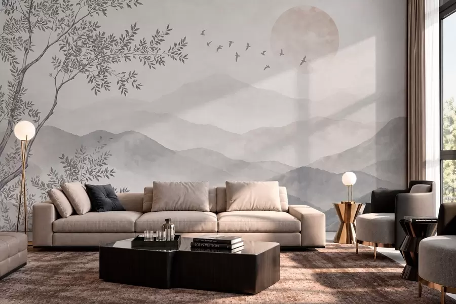 wall murals Бледи планински пејзаж са дрветом и птицама w05924v2