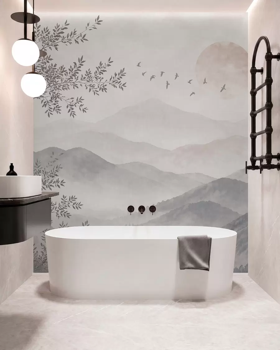 wall murals Бледи планински пејзаж са дрветом и птицама w05924v2