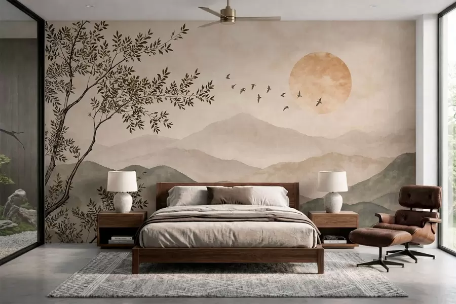 wall murals Планински гребени са дрветом, птицама и сунцем w05924v3