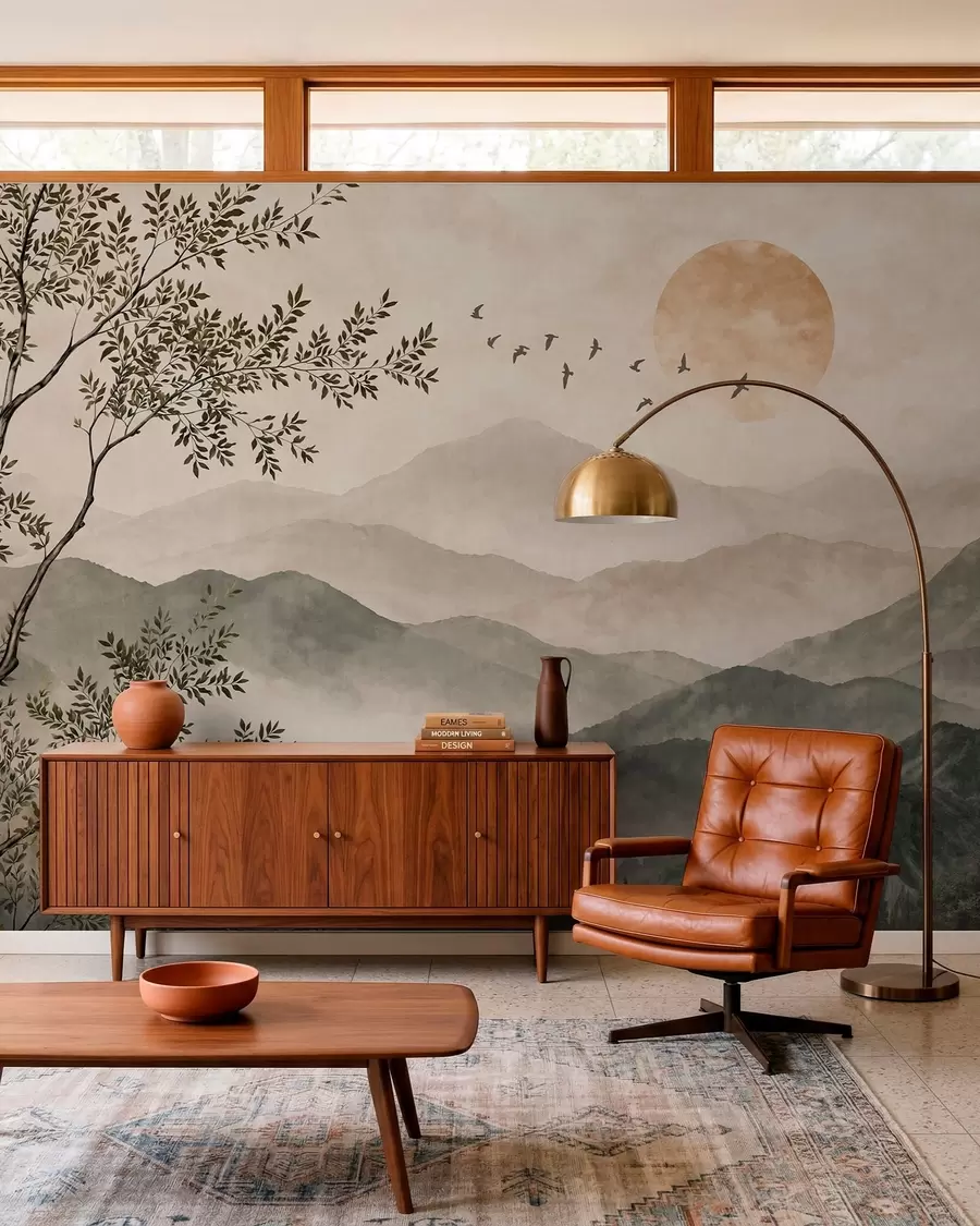 wall murals Планински гребени са дрветом, птицама и сунцем w05924v3
