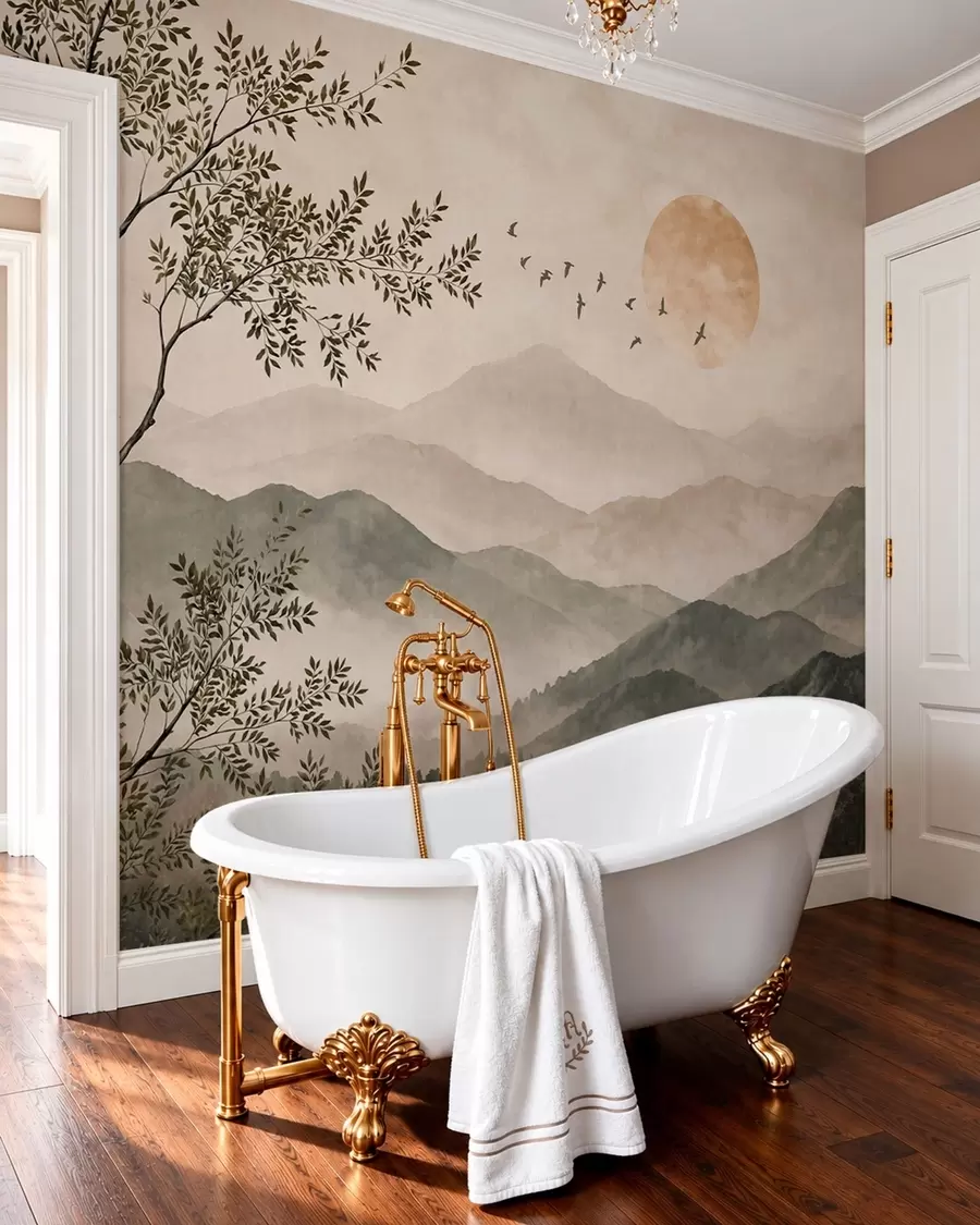 wall murals Планински гребени са дрветом, птицама и сунцем w05924v3
