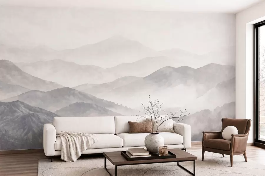 wall murals Бледи магловити планински гребени и шума w05925