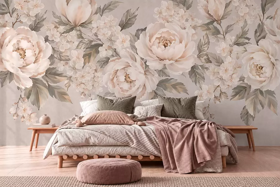 wall murals Нежно кремасто цвеће и зелено лишће у пастелној палети w05926