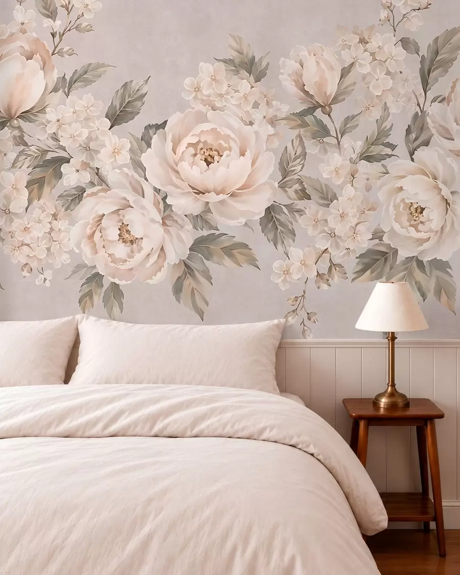 wall murals Нежно кремасто цвеће и зелено лишће у пастелној палети w05926