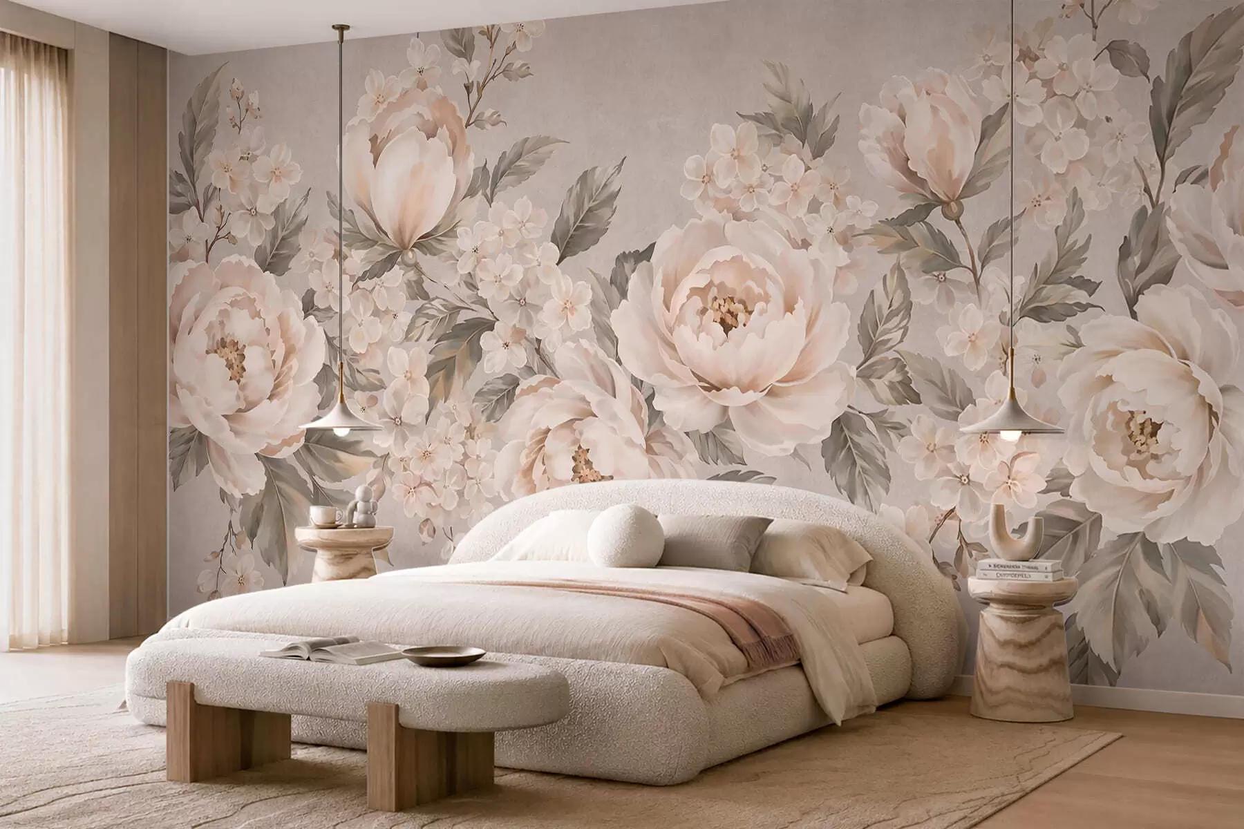 wall murals Нежно кремасто цвеће и зелено лишће у пастелној палети w05926
