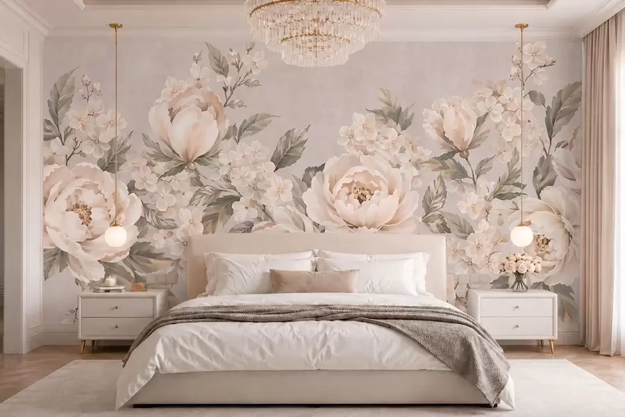 wall murals Нежно кремасто цвеће и зелено лишће у пастелној палети w05926