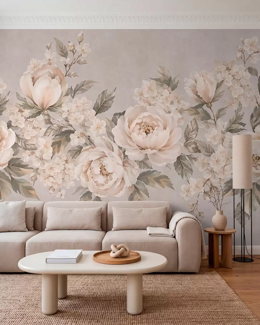 wall murals Нежно кремасто цвеће и зелено лишће у пастелној палети w05926