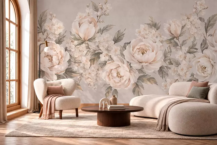 wall murals Нежно кремасто цвеће и зелено лишће у пастелној палети w05926
