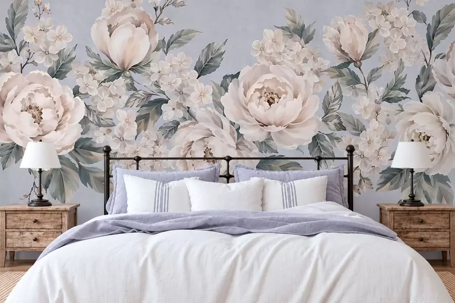 wall murals Нежно бледо цвеће са листовима на плавој позадини w05926v1