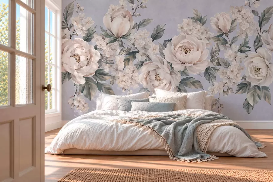 wall murals Нежно бледо цвеће са листовима на плавој позадини w05926v1
