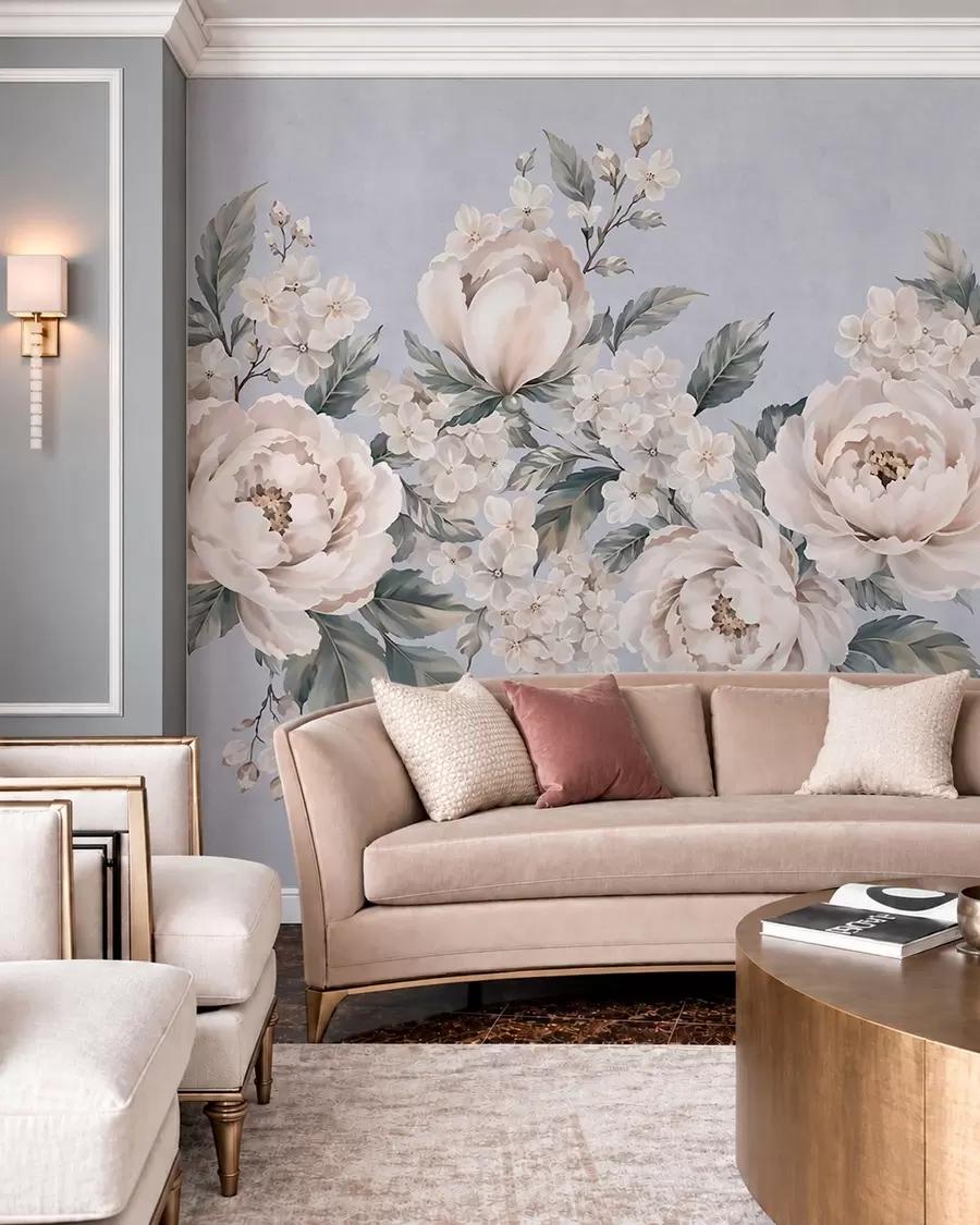 wall murals Нежно бледо цвеће са листовима на плавој позадини w05926v1