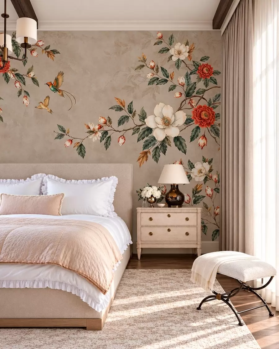wall murals Цвеће, зелено лишће и две птице на светлој позадини w05927v1