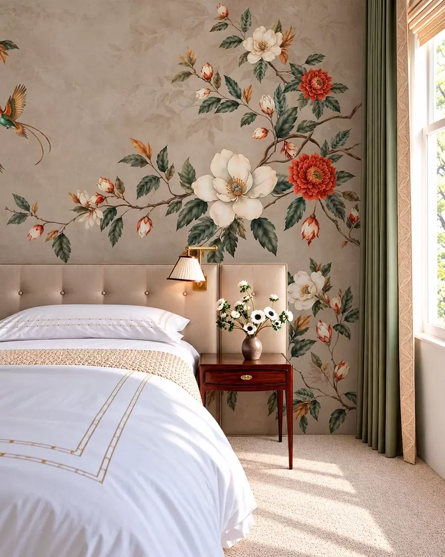 wall murals Цвеће, зелено лишће и две птице на светлој позадини w05927v1