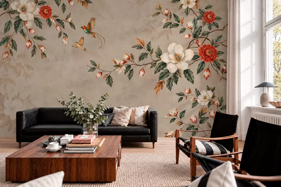 wall murals Цвеће, зелено лишће и две птице на светлој позадини w05927v1