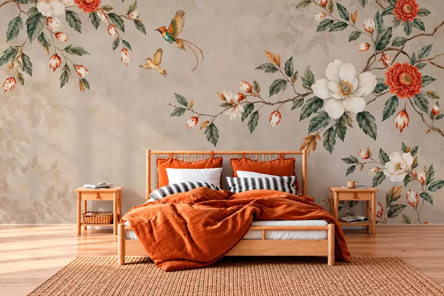 wall murals Цветне гране и две птице на беж позадини w05927v2