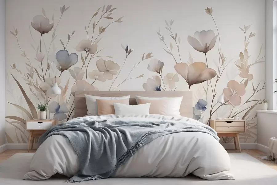 wall murals Нежно дивље цвеће у пастелним нијансама плаве, ружичасте и беж са високом травом w10065