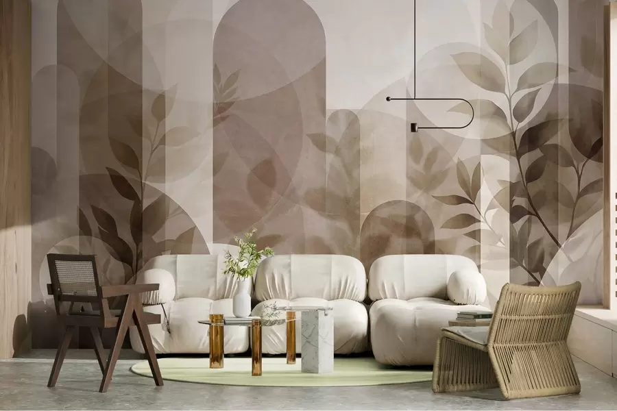 wall murals Апстрактни геометријски елементи и нежно лишће у пригушеној смеђој и беж боји w10088
