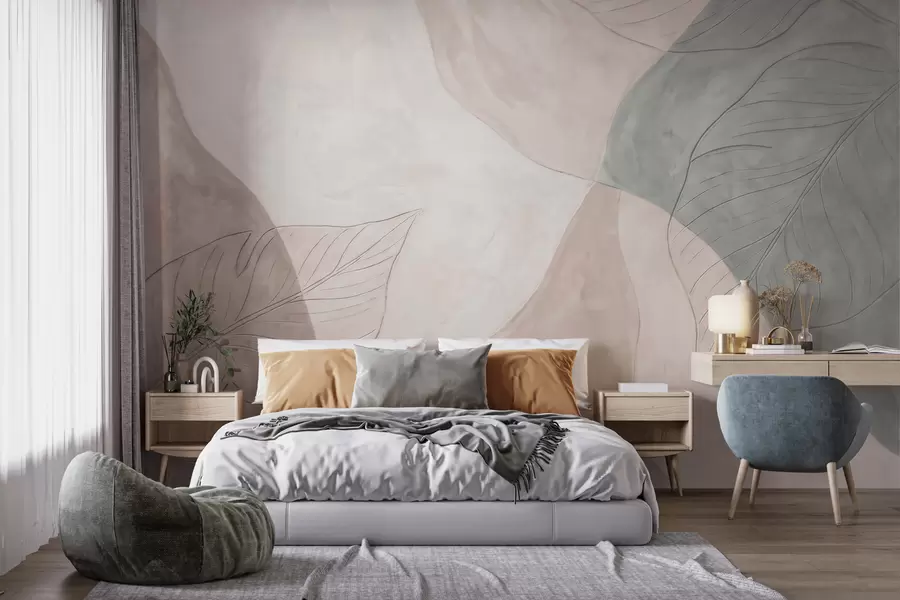 wall murals Апстрактна ботаничка композиција са великим листовима и органским облицима у нијансама беж, крем и зелене w10070